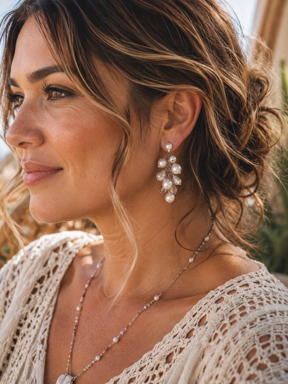 BOGO FREE Pearl silver cluster dangly earrings